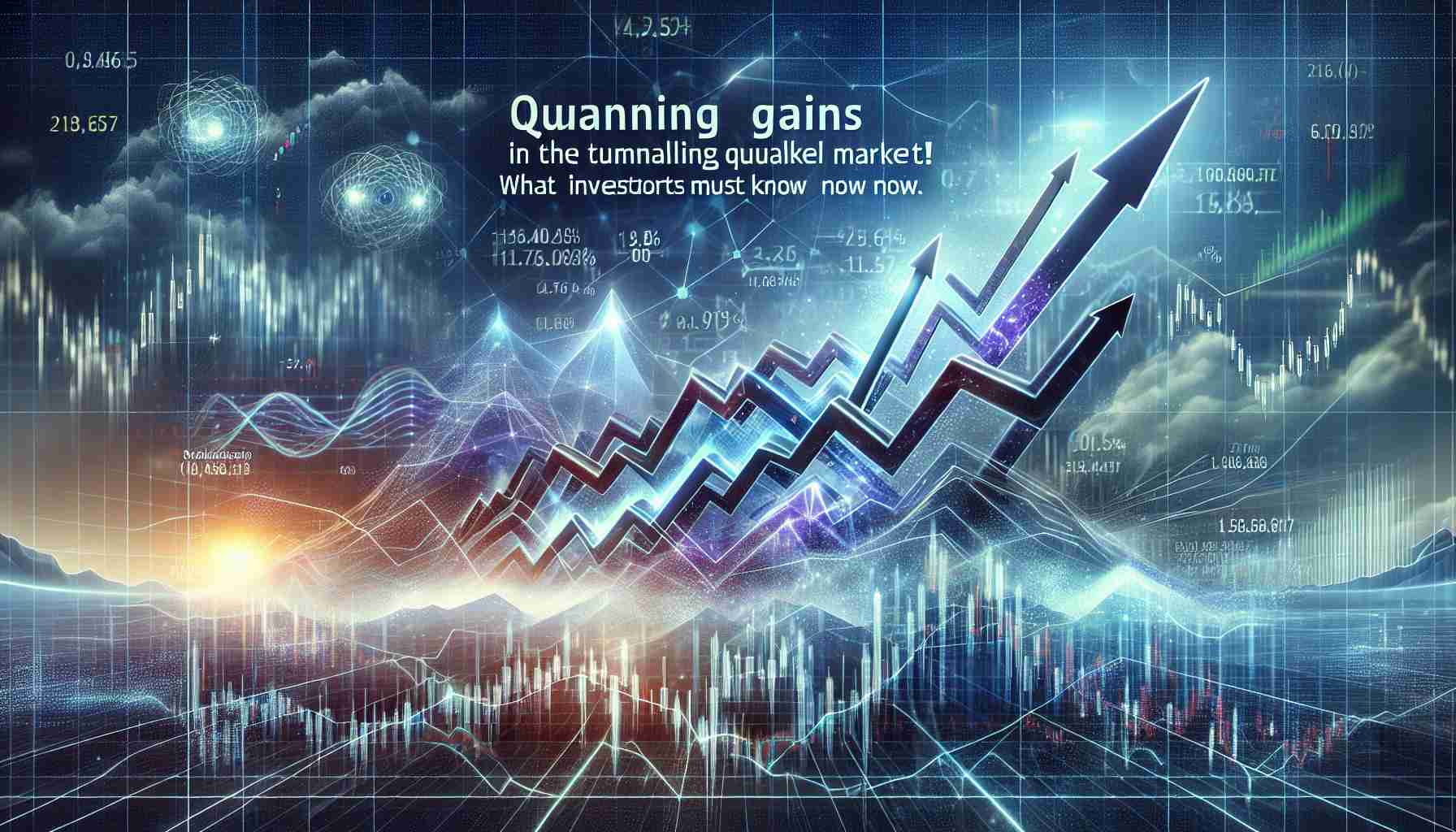 Generate a realistic HD depiction that conveys the concept of substantial progress in a volatile market environment. Illustrate the abstract notion of 'Quantum Leap' by perhaps signifying large upward arrows, stock market graphs showing sharp rises, unpredictable fluctuations, and other relevant symbology. Include a banner or headline in the image reading: 'Stunning Gains in a Tumultuous Market! What Investors Must Know Now.'