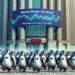 A high-definition, realistic image of a volatile stock market scene depicted metaphorically. A line of stylized penguins are seen waddling towards a large building labeled 'Future IPOs'. The penguins represent the upcoming market changes, with each one wearing a small sign around its neck, indicating the name of a hypothetical company about to go public. Above this scene is an eye-catching banner with the exciting text: 'Market Shake-Up Ahead! What Penguins Reveal About Future IPOs'.