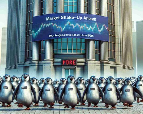 A high-definition, realistic image of a volatile stock market scene depicted metaphorically. A line of stylized penguins are seen waddling towards a large building labeled 'Future IPOs'. The penguins represent the upcoming market changes, with each one wearing a small sign around its neck, indicating the name of a hypothetical company about to go public. Above this scene is an eye-catching banner with the exciting text: 'Market Shake-Up Ahead! What Penguins Reveal About Future IPOs'.