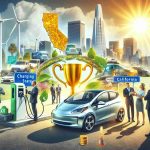 Please create a realistic high-definition image representing the concept of California's bold move towards electric vehicles (EVs). Include elements such as charging stations, a diverse mix of people examining an electric car highlighting its eco-friendly feature, a sunny skyline to depict California, and a successful visual metaphor such as a golden trophy to pose the question: 'Who really wins?'