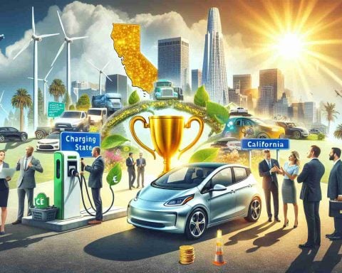 Please create a realistic high-definition image representing the concept of California's bold move towards electric vehicles (EVs). Include elements such as charging stations, a diverse mix of people examining an electric car highlighting its eco-friendly feature, a sunny skyline to depict California, and a successful visual metaphor such as a golden trophy to pose the question: 'Who really wins?'