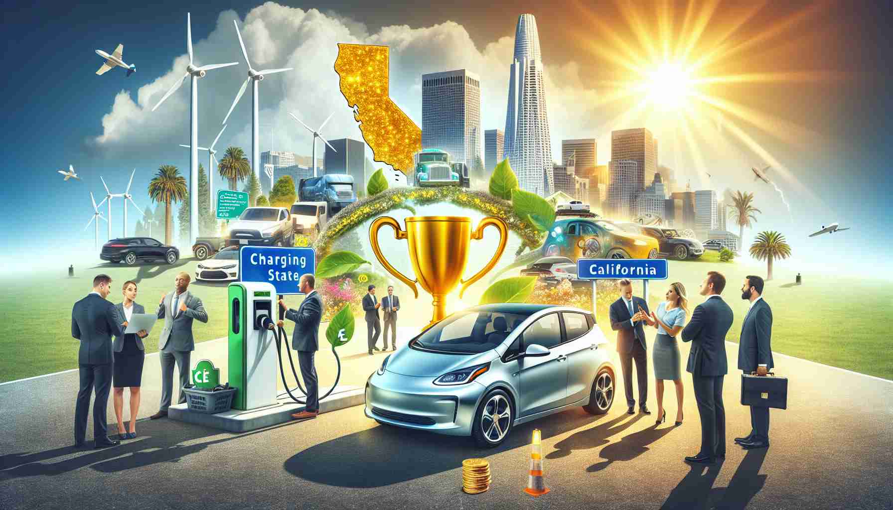 Please create a realistic high-definition image representing the concept of California's bold move towards electric vehicles (EVs). Include elements such as charging stations, a diverse mix of people examining an electric car highlighting its eco-friendly feature, a sunny skyline to depict California, and a successful visual metaphor such as a golden trophy to pose the question: 'Who really wins?'