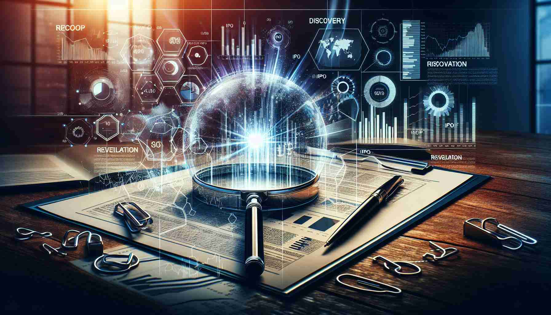 Create a detailed and high-definition image symbolizing 'Discovering the Mystery of What Happens Before an IPO Opens.' Visualize a magnifying glass examining a document filled with IPO-related data such as graphs, charts, company valuations, etc., with the mystery and intrigue being represented by shadows and dramatic lighting. Overlay this with indications of discovery like a radiant light beam or revelation marks. Note that the scene should be staged in a professional environment like a modern office desk.