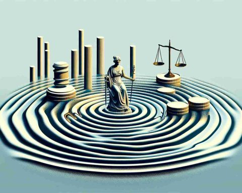 Generate a realistic high-definition image representing the concept of 'Stock Shocks' and 'Legal Drama' abstractly interacting in a way that creates unseen ripples. It should signify the impacts on a country's economic powerhouses, with a symbolic emphasis on India.