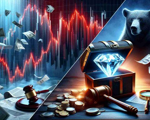 A high definition image of a stock market concept. On one side, a dramatic graph depicting a sharp plunge in stock prices -- the red lines nosediving, papers fluttering in the air, a gavel for closing trades, and a bear figure symbolizing a bear market. On the other side, an image of a hidden gem - a shiny, untapped valuable asset, depicted as a beautiful gem glowing in a concealed treasure chest, with a magnifying glass focused on it. This is a metaphorical representation of the untold stories of the stock market.