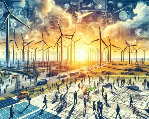 Generate an image depicting the concept of 'The Green Gold Rush'. Show a bustling scene of innovative clean energy solutions in action. Highlight various sustainable energy sources, like towering wind turbines spinning non-stop, colossal arrays of solar panels basking under the radiant sun, and cutting-edge electric vehicles shuttling around. Intertwine scenes of busy venture capitalists, depicted as diverse individuals of different genders and descents, engaging in energetic discussion over blueprint sheets filled with bold ideas for a sustainable future. Make certain the quality is high-definition, displaying every detail clearly and crisply.