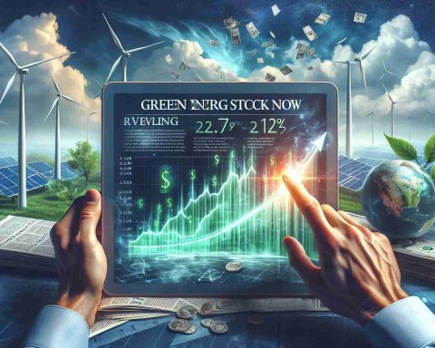 A detailed image, presented in high-definition quality, that visually represents the concept of investing in green energy stocks now. The scene might include a pair of hands holding a newspaper or digital tablet with headlines related to the rising trend and profitability of green energy stocks. The background could show wind turbines and solar panels symbolizing the concept of renewable energy. There might also be a graph on the screen or paper showing the upward trajectory of green energy stocks, showcasing their potential profitability.