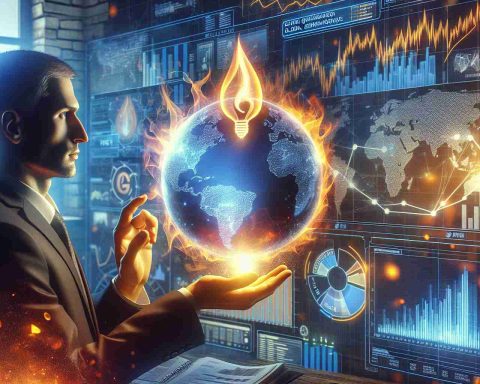 Create a high-definition, realistic illustration that symbolizes the relationship between Gazprom investors and global energy markets. Depict a human figure, representing the investor, attentively observing a globe that is glowing with energy symbols. Include a large screen in the background displaying various economic graphs and charts to signify the global energy markets.