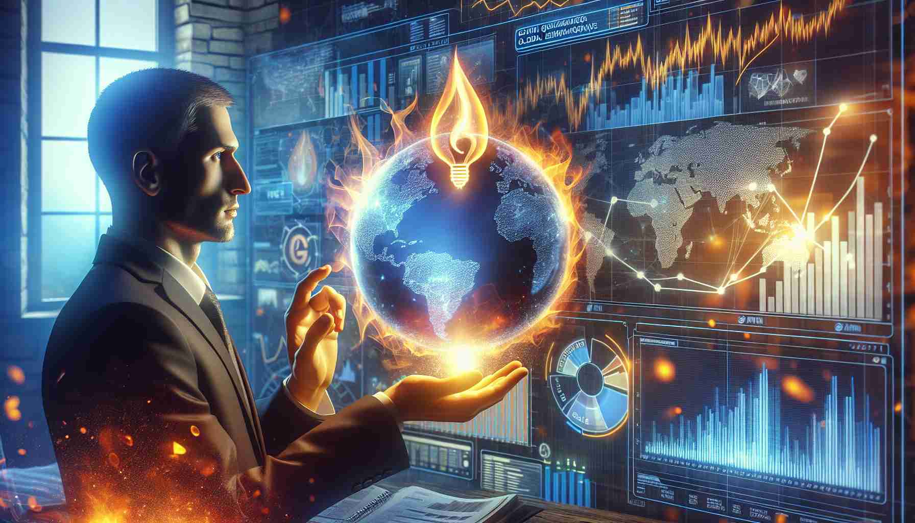 Create a high-definition, realistic illustration that symbolizes the relationship between Gazprom investors and global energy markets. Depict a human figure, representing the investor, attentively observing a globe that is glowing with energy symbols. Include a large screen in the background displaying various economic graphs and charts to signify the global energy markets.