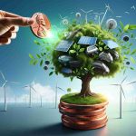 A realistic high-definition image showing the unexpected potential of penny stocks in the green energy revolution. The image should include a metaphorical representation of this concept, such as a small penny flipping into a giant, flourishing tree made of sustainable energy symbols like wind turbines, solar panels and electric vehicles.