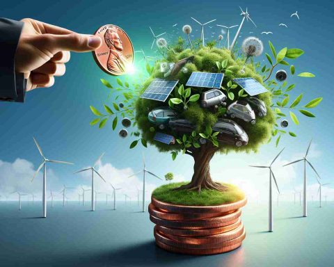 A realistic high-definition image showing the unexpected potential of penny stocks in the green energy revolution. The image should include a metaphorical representation of this concept, such as a small penny flipping into a giant, flourishing tree made of sustainable energy symbols like wind turbines, solar panels and electric vehicles.