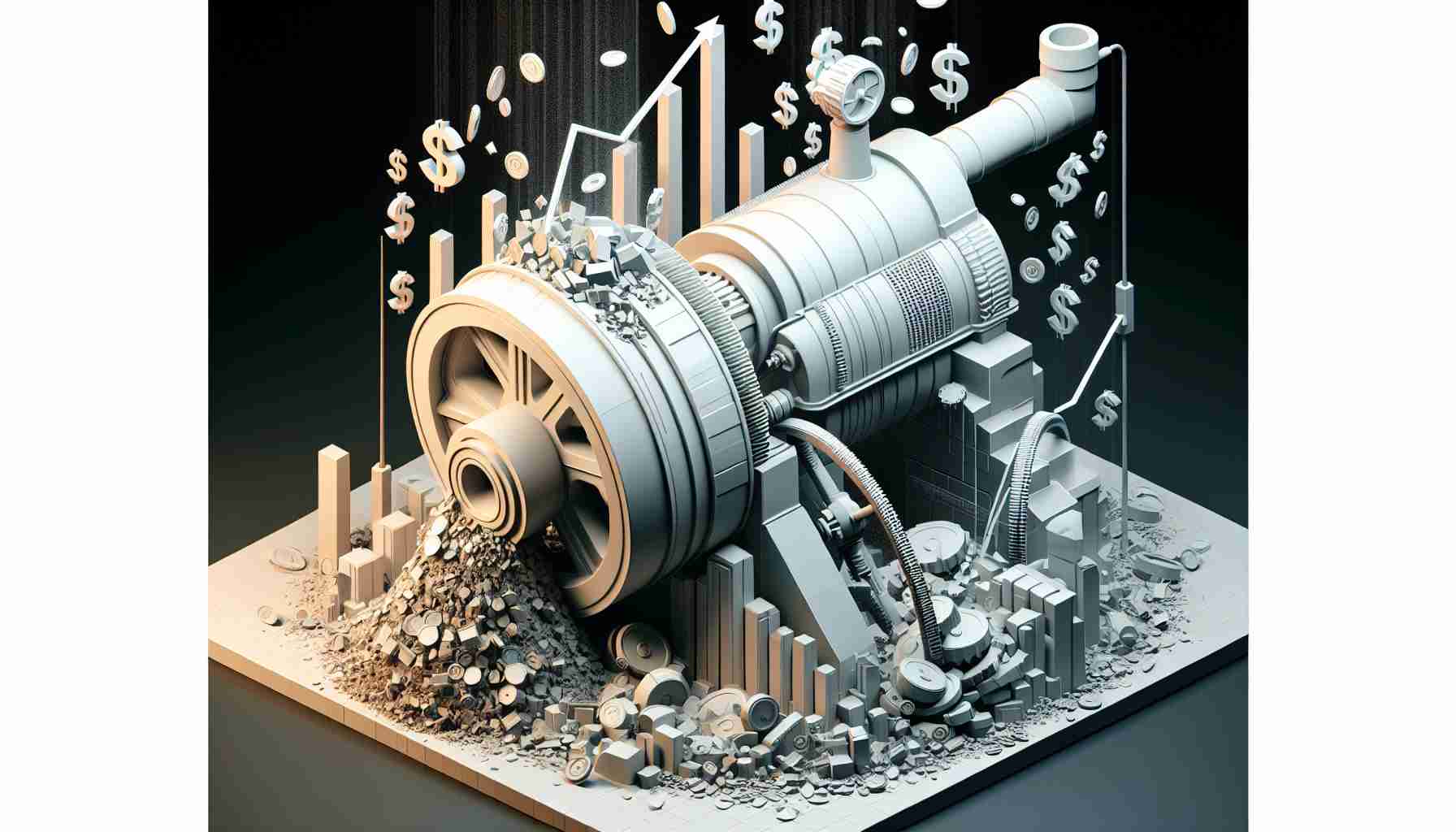 Render a highly detailed, high-definition image that portrays the abstract concept of a 'Powerhouse Crushing Profit Records'. This could include a stylized representation of a robust, powerful machine crushing symbolic icons of profit or financial success, such as coins, bills, or bar graphs. Additionally, depict an aura of mystery around the machine to suggest a 'secret' or undisclosed strategy that is providing this extraordinary success.