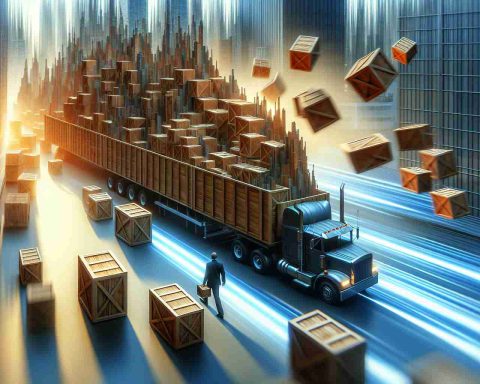 Exceptionally realistic high-definition image of an abstract concept showing a dramatic stock sale event. Visualize the metaphorical scenario as a person unloading wooden crates or boxes, symbolic of millions of shares, from a large truck in the middle of the bustling financial district.