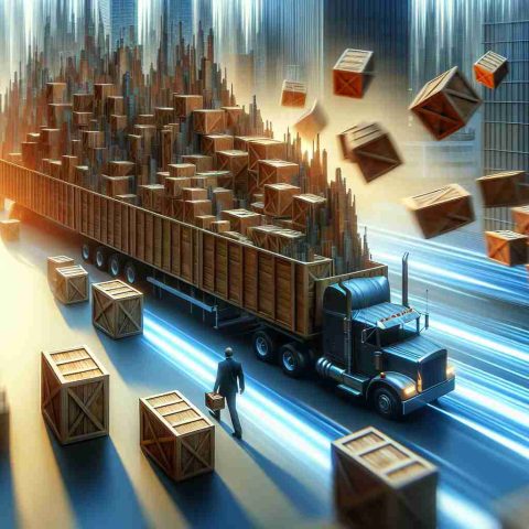 Exceptionally realistic high-definition image of an abstract concept showing a dramatic stock sale event. Visualize the metaphorical scenario as a person unloading wooden crates or boxes, symbolic of millions of shares, from a large truck in the middle of the bustling financial district.