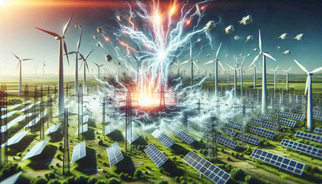 A high-quality realistic image showing an unexpected surge in renewable energy production. This shows the revolution of green power, represented by solar panels and wind turbines suddenly working at full capacity, contributing to the energy grid. The background is dotted with different power generation sites, all humming with energy production, a highlight of the revolution in sustainable practices. No specific company name or logo is present in this image.