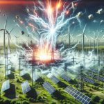 A high-quality realistic image showing an unexpected surge in renewable energy production. This shows the revolution of green power, represented by solar panels and wind turbines suddenly working at full capacity, contributing to the energy grid. The background is dotted with different power generation sites, all humming with energy production, a highlight of the revolution in sustainable practices. No specific company name or logo is present in this image.