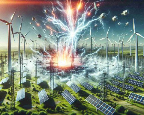 A high-quality realistic image showing an unexpected surge in renewable energy production. This shows the revolution of green power, represented by solar panels and wind turbines suddenly working at full capacity, contributing to the energy grid. The background is dotted with different power generation sites, all humming with energy production, a highlight of the revolution in sustainable practices. No specific company name or logo is present in this image.