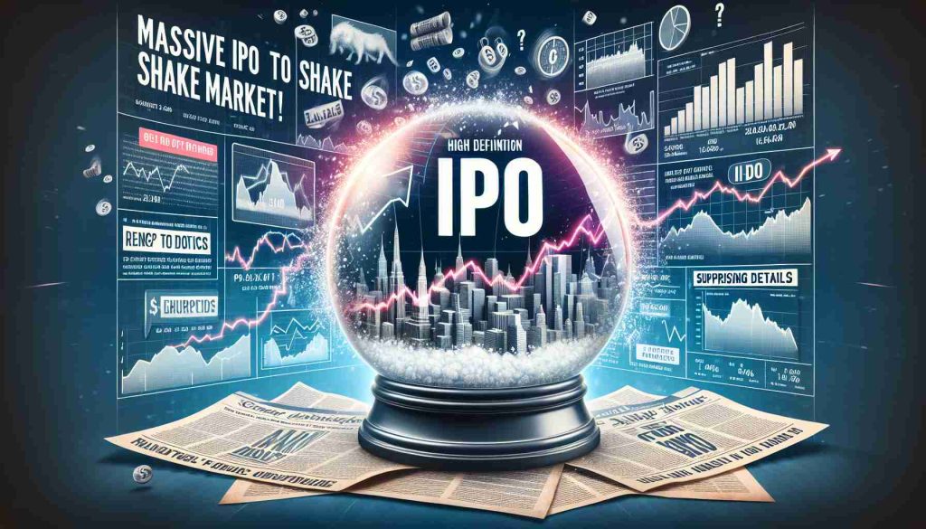 High definition image conveying the concept of a large Initial Public Offering (IPO) causing turbulence in the stock market. Include visual elements like graphs depicting drastic change, newspaper headlines with the text 'Massive IPO to shake market!' and 'Surprising Details Inside', and a shaken snow globe to represent the market disturbance.