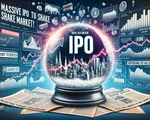 High definition image conveying the concept of a large Initial Public Offering (IPO) causing turbulence in the stock market. Include visual elements like graphs depicting drastic change, newspaper headlines with the text 'Massive IPO to shake market!' and 'Surprising Details Inside', and a shaken snow globe to represent the market disturbance.