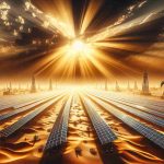 A realistic, high-definition image representing a conceptual change in the energy market due to solar power. Visualize this as a dramatic scene, featuring the desert landscape of a Middle Eastern country. Bright sun rays pierce the sky, casting a golden light over rows and rows of high-tech solar panels. These panels stretch out as far as the eye can see, contrasting strikingly with traditional oil wells nearby that have fallen into shadows. This scene symbolically illustrates a shift from fossil fuel dominance to renewable energy.