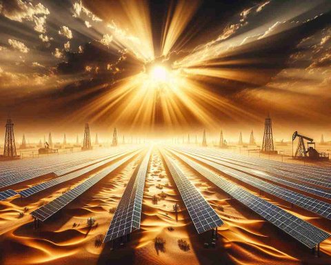 A realistic, high-definition image representing a conceptual change in the energy market due to solar power. Visualize this as a dramatic scene, featuring the desert landscape of a Middle Eastern country. Bright sun rays pierce the sky, casting a golden light over rows and rows of high-tech solar panels. These panels stretch out as far as the eye can see, contrasting strikingly with traditional oil wells nearby that have fallen into shadows. This scene symbolically illustrates a shift from fossil fuel dominance to renewable energy.