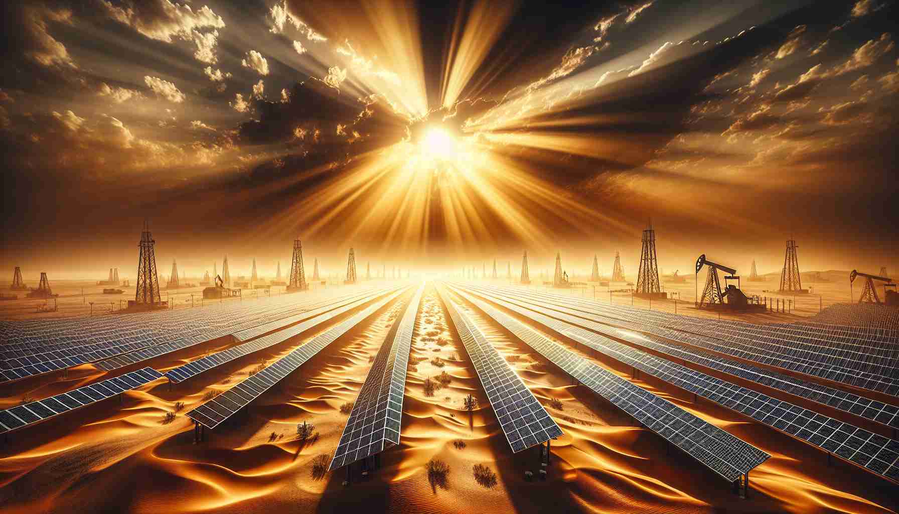 A realistic, high-definition image representing a conceptual change in the energy market due to solar power. Visualize this as a dramatic scene, featuring the desert landscape of a Middle Eastern country. Bright sun rays pierce the sky, casting a golden light over rows and rows of high-tech solar panels. These panels stretch out as far as the eye can see, contrasting strikingly with traditional oil wells nearby that have fallen into shadows. This scene symbolically illustrates a shift from fossil fuel dominance to renewable energy.