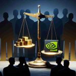 An image embodying the concept of NVIDIA's stock being potentially overvalued, symbolized by a pair of scales imbalanced with golden coins on one side and a NVIDIA logo on the other. Surrounding the scales are shadowy financial figures representing analysts in the backdrop, some nodding in agreement while others appear skeptical.