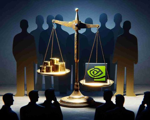 An image embodying the concept of NVIDIA's stock being potentially overvalued, symbolized by a pair of scales imbalanced with golden coins on one side and a NVIDIA logo on the other. Surrounding the scales are shadowy financial figures representing analysts in the backdrop, some nodding in agreement while others appear skeptical.