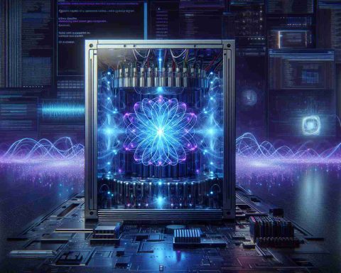 Generate a realistic high-definition image depicting the concept of 'Quantum Computers: A Silent Cyber Intruder'. Scene should illustrate a quantum computer in the foreground, with futuristic blue and purple lights hinting at its advanced technology. Behind the quantum computer, include a background suggestive of a digital world being infiltrated silently, like data streams being eroded or tampered with. Also add suspenseful elements to suggest uncertainty about what could happen next.