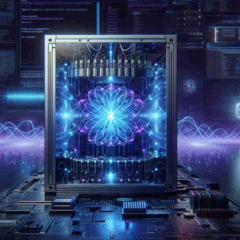 Generate a realistic high-definition image depicting the concept of 'Quantum Computers: A Silent Cyber Intruder'. Scene should illustrate a quantum computer in the foreground, with futuristic blue and purple lights hinting at its advanced technology. Behind the quantum computer, include a background suggestive of a digital world being infiltrated silently, like data streams being eroded or tampered with. Also add suspenseful elements to suggest uncertainty about what could happen next.