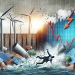 An illustrative image that portrays a significant event causing impact on the renewable energy sector. The scenario shows renewable sources like wind turbines, solar panels and hydroelectric dams symbolically 'taking a hit', perhaps being shaken or impacted in some way. Concurrently, a backdrop of the stock market with clean energy stocks facing a down graph trend. Please maintain high quality and detail for this realistic HD image.