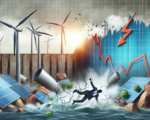 An illustrative image that portrays a significant event causing impact on the renewable energy sector. The scenario shows renewable sources like wind turbines, solar panels and hydroelectric dams symbolically 'taking a hit', perhaps being shaken or impacted in some way. Concurrently, a backdrop of the stock market with clean energy stocks facing a down graph trend. Please maintain high quality and detail for this realistic HD image.