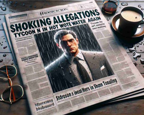 High-definition photorealistic image of a newspaper front page containing headlines such as 'Shocking Allegations' and 'Tycoon in Hot Water Again'. The newspaper even includes some sub-articles and a photograph of a generic businessman, showing evident distress and worry. It's a rainy day, and the newspaper, spotted with raindrops, rests on a wooden table next to a steaming cup of coffee and a round pair of glasses. Overall, the image suggests intrigue, unrest and a gripping story unraveling.