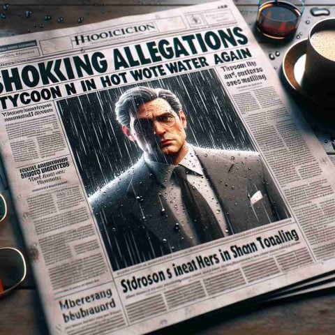 High-definition photorealistic image of a newspaper front page containing headlines such as 'Shocking Allegations' and 'Tycoon in Hot Water Again'. The newspaper even includes some sub-articles and a photograph of a generic businessman, showing evident distress and worry. It's a rainy day, and the newspaper, spotted with raindrops, rests on a wooden table next to a steaming cup of coffee and a round pair of glasses. Overall, the image suggests intrigue, unrest and a gripping story unraveling.