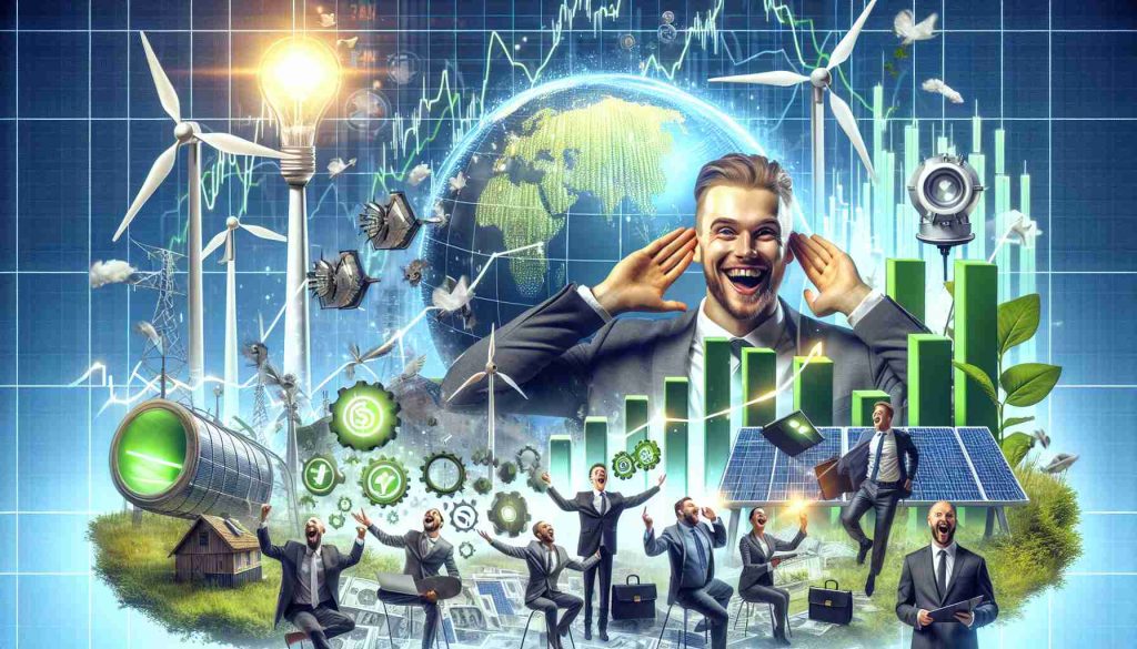 Create a high definition, realistic image that metaphorically represents the situation where shares of a green energy company are causing a stir. Include elements like excited investors, stock market charts on a rise indicating buzzing interest, and symbols of clean energy such as windmills, solar panels.