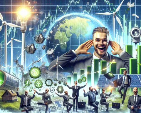 Create a high definition, realistic image that metaphorically represents the situation where shares of a green energy company are causing a stir. Include elements like excited investors, stock market charts on a rise indicating buzzing interest, and symbols of clean energy such as windmills, solar panels.