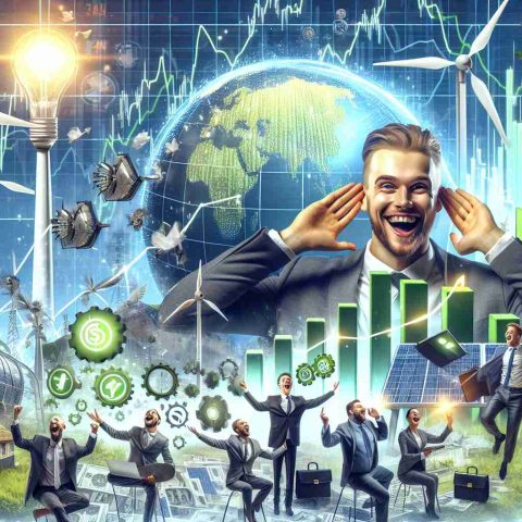 Create a high definition, realistic image that metaphorically represents the situation where shares of a green energy company are causing a stir. Include elements like excited investors, stock market charts on a rise indicating buzzing interest, and symbols of clean energy such as windmills, solar panels.