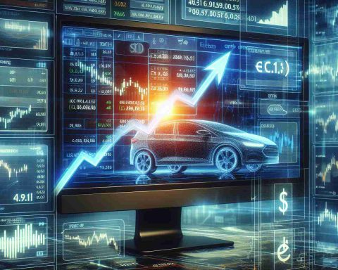 Generate a highly detailed and realistic image that represents a surge in a generic electric car company's stock. The image should capture the intensity and excitement of the financial market, showing an upward trending graph, perhaps alongside relevant financial data, symbols and letters. The monitor displaying the graph should be located in a modern and sophisticated trading room environment with multiple screens presenting different kinds of financial data.