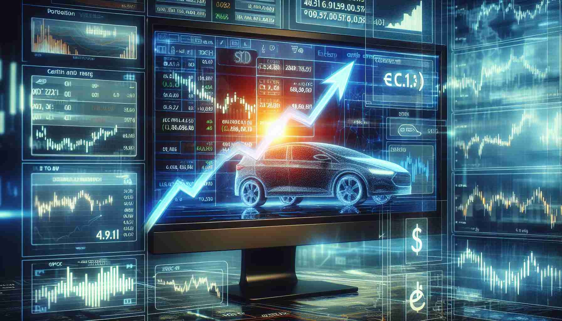 Generate a highly detailed and realistic image that represents a surge in a generic electric car company's stock. The image should capture the intensity and excitement of the financial market, showing an upward trending graph, perhaps alongside relevant financial data, symbols and letters. The monitor displaying the graph should be located in a modern and sophisticated trading room environment with multiple screens presenting different kinds of financial data.