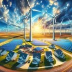 A high-definition photo capturing the essence of an energy revolution. It depicts several Kansas communities transitioning towards environmentally friendly practices. In the foreground, a vast field of wind turbines rotates gracefully, their blades like painted strokes against the vivid blue sky. Further in, a community housing project is highlighted, decked out with solar panels shimmering under the generous sunlight. The background showcases the wide, flat landscape of Kansas, vast fields represent untouched potential for more green energy projects. The scene emanates a positive and inspiring vibe, indicative of hope for a sustainable future.