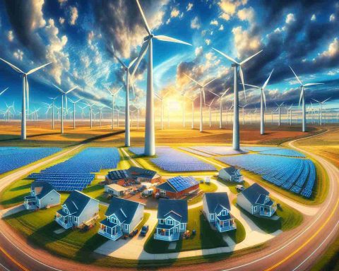 A high-definition photo capturing the essence of an energy revolution. It depicts several Kansas communities transitioning towards environmentally friendly practices. In the foreground, a vast field of wind turbines rotates gracefully, their blades like painted strokes against the vivid blue sky. Further in, a community housing project is highlighted, decked out with solar panels shimmering under the generous sunlight. The background showcases the wide, flat landscape of Kansas, vast fields represent untouched potential for more green energy projects. The scene emanates a positive and inspiring vibe, indicative of hope for a sustainable future.