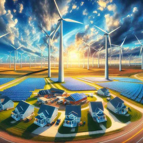 A high-definition photo capturing the essence of an energy revolution. It depicts several Kansas communities transitioning towards environmentally friendly practices. In the foreground, a vast field of wind turbines rotates gracefully, their blades like painted strokes against the vivid blue sky. Further in, a community housing project is highlighted, decked out with solar panels shimmering under the generous sunlight. The background showcases the wide, flat landscape of Kansas, vast fields represent untouched potential for more green energy projects. The scene emanates a positive and inspiring vibe, indicative of hope for a sustainable future.