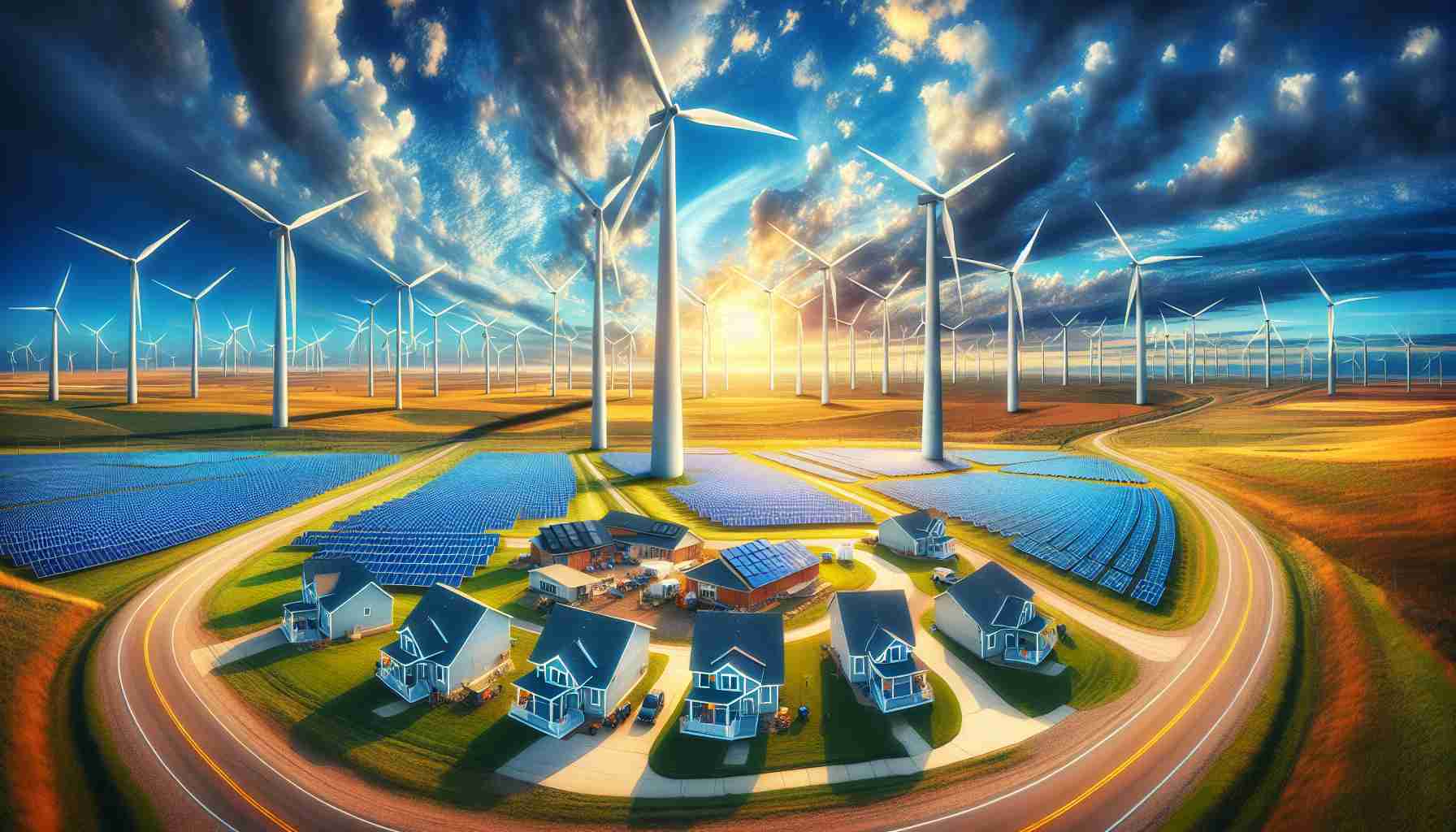 A high-definition photo capturing the essence of an energy revolution. It depicts several Kansas communities transitioning towards environmentally friendly practices. In the foreground, a vast field of wind turbines rotates gracefully, their blades like painted strokes against the vivid blue sky. Further in, a community housing project is highlighted, decked out with solar panels shimmering under the generous sunlight. The background showcases the wide, flat landscape of Kansas, vast fields represent untouched potential for more green energy projects. The scene emanates a positive and inspiring vibe, indicative of hope for a sustainable future.