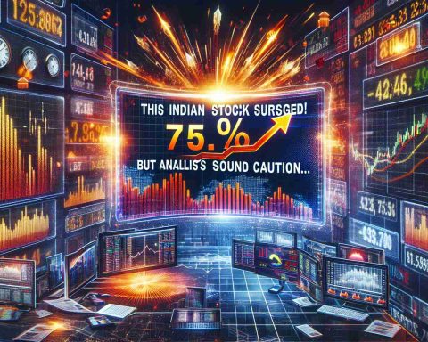 Produce a realistic high definition image featuring a stock market scene. On the screen, prominently display the message: 'This Indian Stock Surged 7.5%! But Analysts Sound Caution...' surrounded by stock market graphics such as bar graphs, line graphs, and pie charts. Provide a sense of urgency and caution within the scene through colour contrasts, intense fonts, and burst graphics.