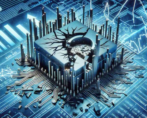 A highly detailed and realistic representation of the symbol of a technological setback, associated with a major tech company, highlighted by shattering or cracking effects. It is juxtaposed by the image of analytical tools such as charts, graphs, and numbers implying a negative trend, reflecting the interpretations and findings of business analysts.