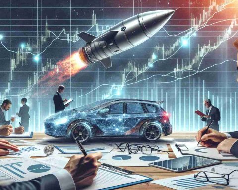 A realistic and highly detailed depiction illustrating the surprising impact of a privately owned aerospace manufacturer on the valuation of an electric vehicle company. It includes elements like graphs indicating the change in stock prices, investors closely inspecting the data and taking notes, and possibly a symbolic representation of the aerospace company sending a vehicle to space highlighted in the background.