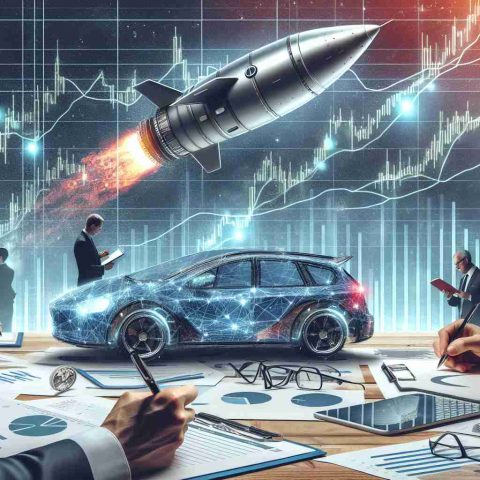 A realistic and highly detailed depiction illustrating the surprising impact of a privately owned aerospace manufacturer on the valuation of an electric vehicle company. It includes elements like graphs indicating the change in stock prices, investors closely inspecting the data and taking notes, and possibly a symbolic representation of the aerospace company sending a vehicle to space highlighted in the background.