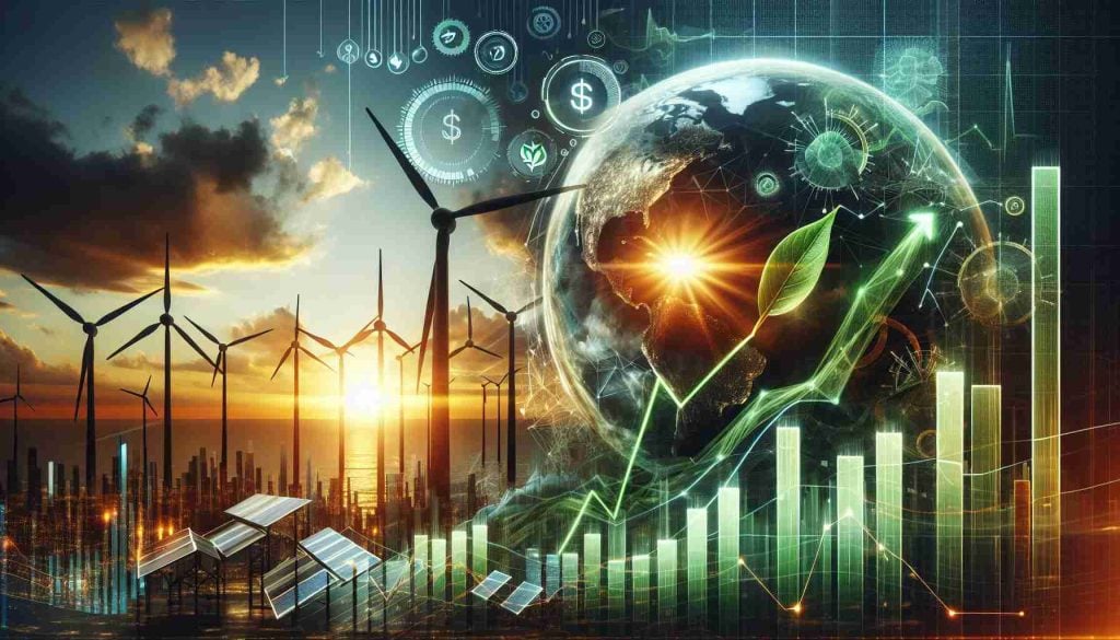 A high-definition image portraying a symbolic representation of a game-changing stock market launch, specifically related to the green energy sector. The image contains a dramatic sunrise over the horizon which signifies the beginning of the green energy revolution. Dynamic graphs or charts indicating rapidly increasing stocks are visible. Energy symbols like wind turbines, solar panels or a leaf connected with the idea of renewable resource are subtly incorporated to highlight the green energy