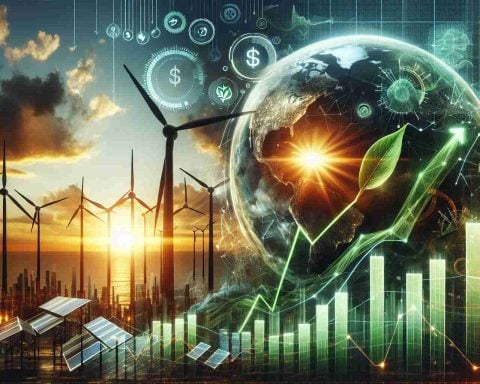 A high-definition image portraying a symbolic representation of a game-changing stock market launch, specifically related to the green energy sector. The image contains a dramatic sunrise over the horizon which signifies the beginning of the green energy revolution. Dynamic graphs or charts indicating rapidly increasing stocks are visible. Energy symbols like wind turbines, solar panels or a leaf connected with the idea of renewable resource are subtly incorporated to highlight the green energy