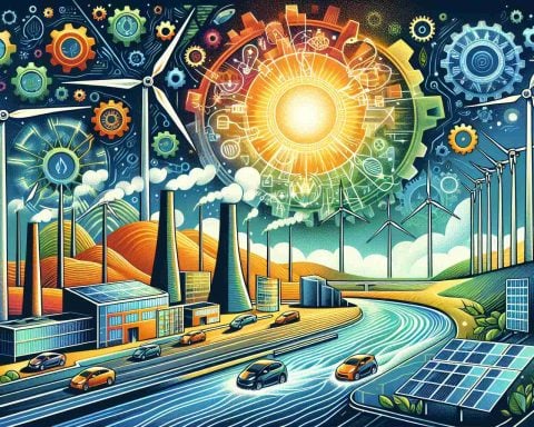 Generate a detailed, high-definition illustration representing the concept of innovating the energy market. Show a variety of clean energy sources like wind turbines, solar panels, and hydroelectric dams. Depict these energy sources in vibrant colors as if they are glowing with potential. Also, portray a progressive cityscape in the background, with energy-efficient buildings and electric vehicles. To signify the revolution, incorporate imagery of gears turning, symbolizing progress, and a vibrant sun rising, symbolizing a new dawn for the energy sector.